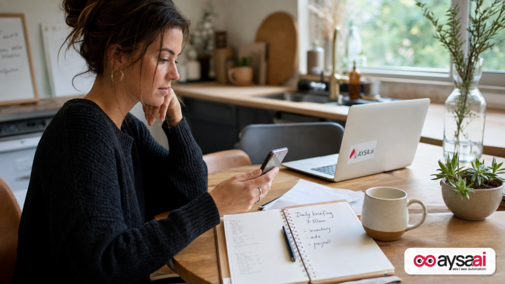 Small business owner checking scheduled daily briefing notifications as part of morning planning.