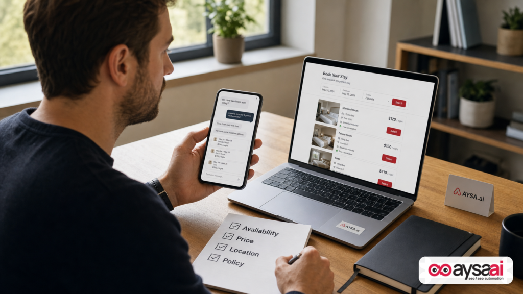 Small business owner comparing a chat assistant with a website booking page, representing agent-led task completion.