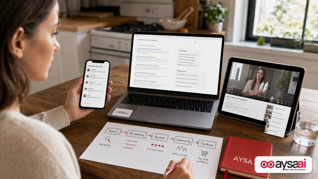 Small business owner comparing information across search, AI summaries, forums, and video before buying.