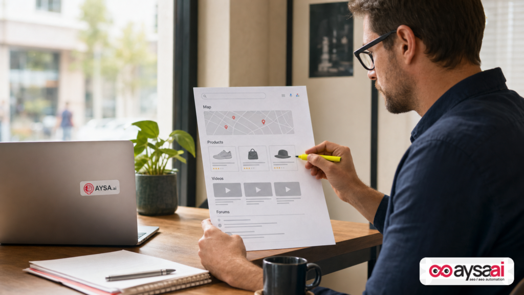 Small business owner highlighting changes in search results layout on a printed mockup.