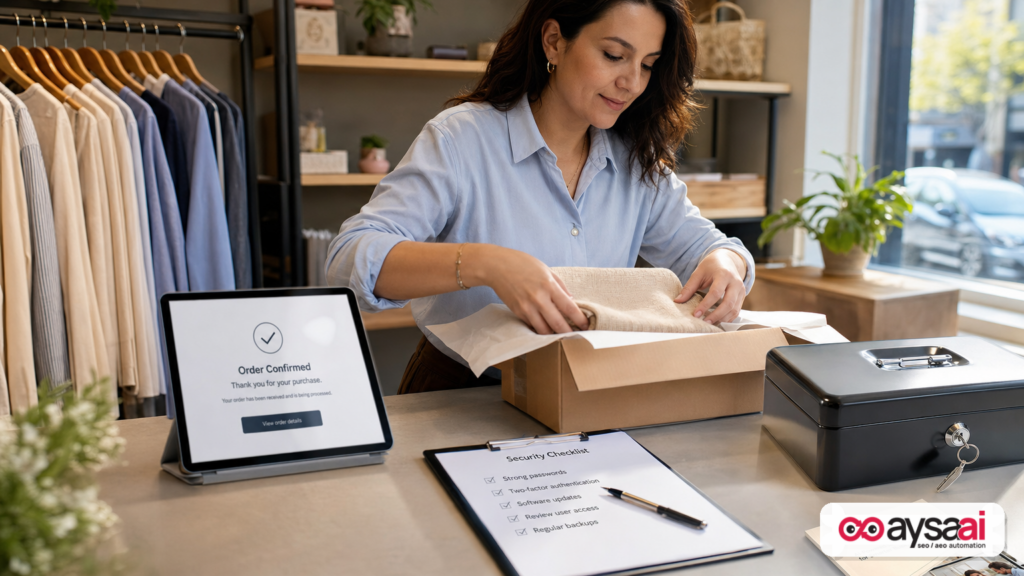 Small business owner packing orders while reviewing a secure checkout confirmation on a tablet.
