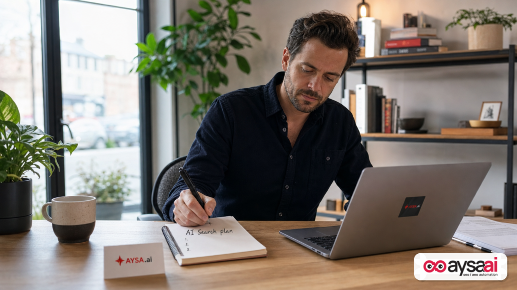 Small business owner preparing an AI search action plan at a desk