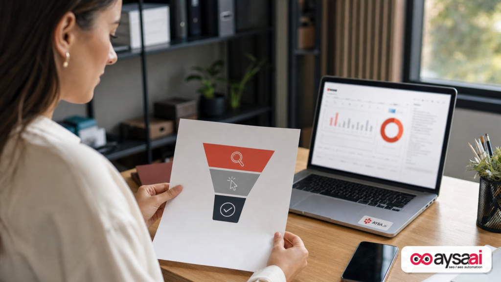 Small-business owner reviewing a simple measurement funnel connecting discovery to calls and appointments.