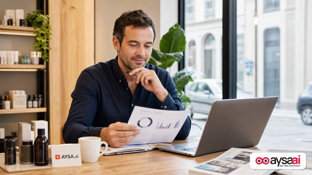 Small business owner reviewing analytics and visibility signals as AI changes search behavior.