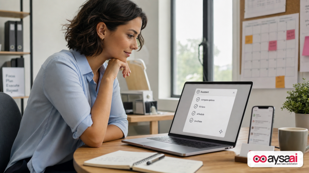Small business owner viewing a generic assistant interface showing tasks completed without visiting websites.