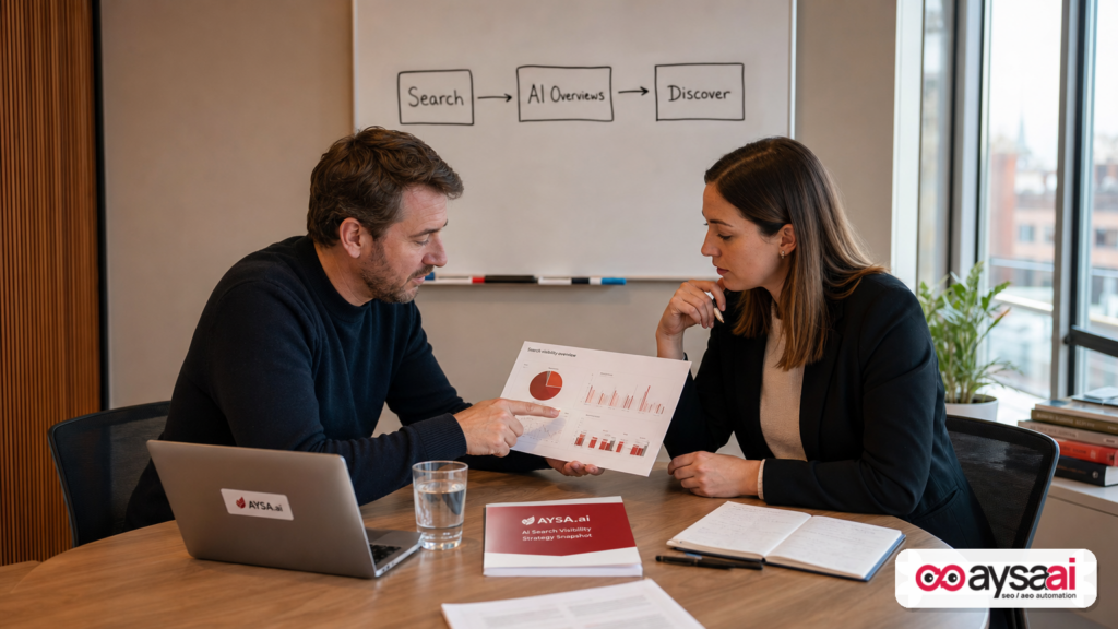 Small business team discussing AI search measurement on a whiteboard and printed reports.