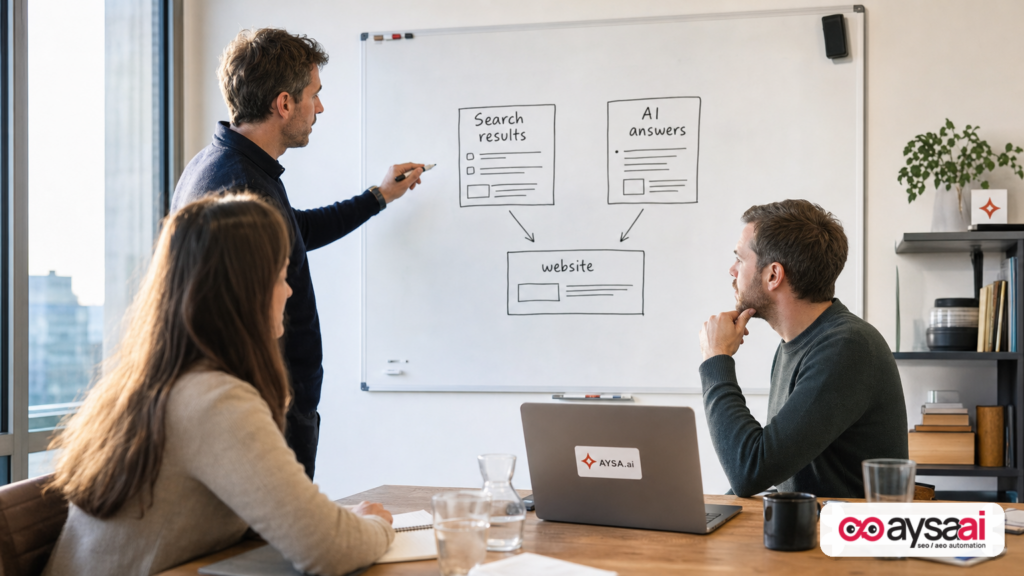 Small business team discussing how their website should appear in AI answers versus classic search results.