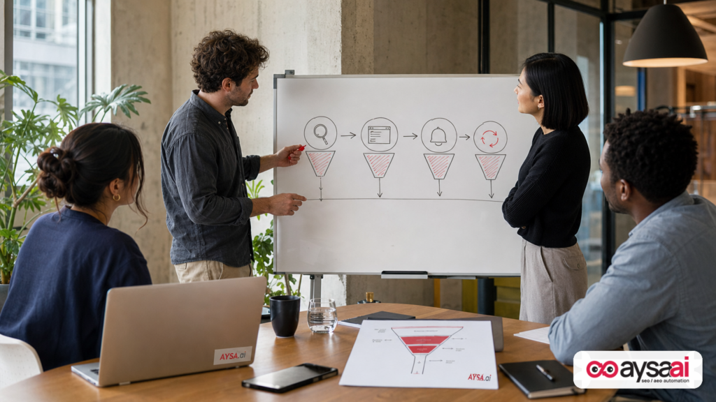 Small business team mapping a marketing funnel connecting search traffic and web push retention