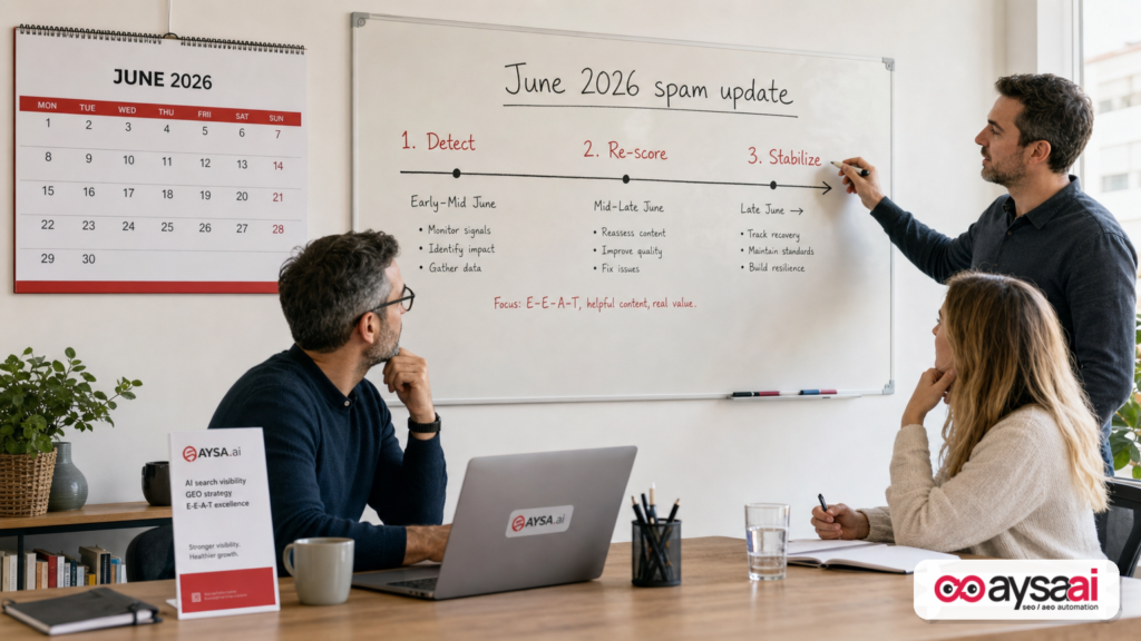 Small business team mapping a short rollout timeline for the June 2026 Google spam update on a whiteboard.