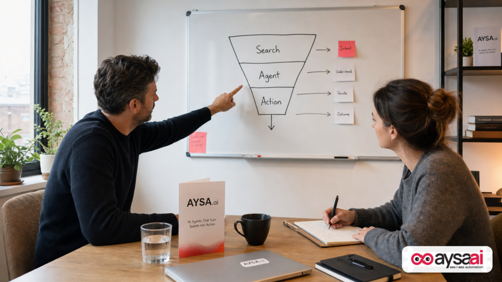 Small business team mapping how AI search agents lead to actions and conversions on a whiteboard.