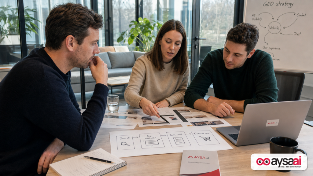 Small business team mapping how customers discover them through search and AI answers.