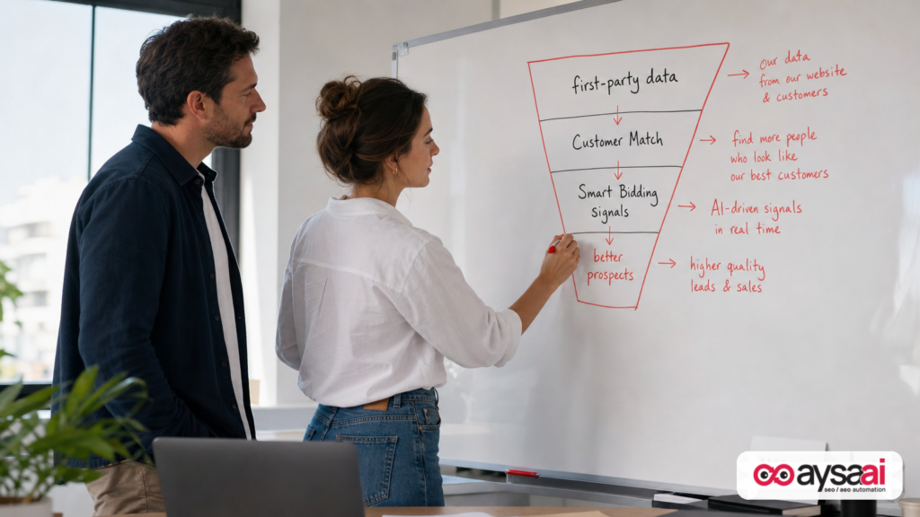 Small business team mapping how first-party data improves Google Ads optimization signals.