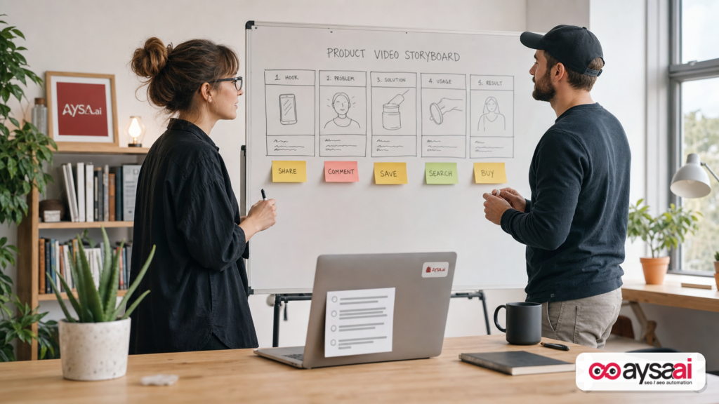 Small business team mapping how video shares lead to search and purchases.