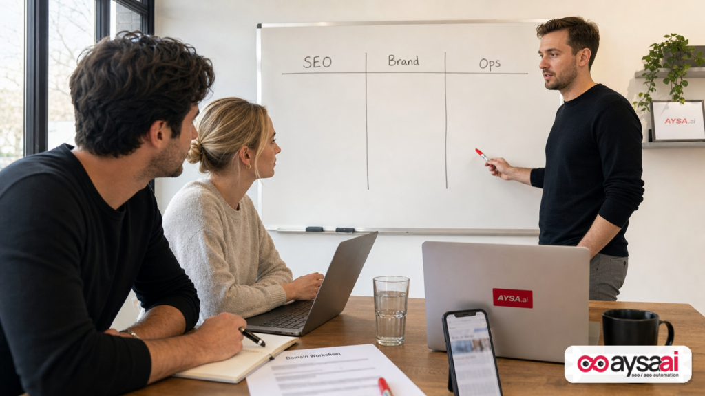 Small business team reviewing SEO, brand, and operations tradeoffs on a whiteboard