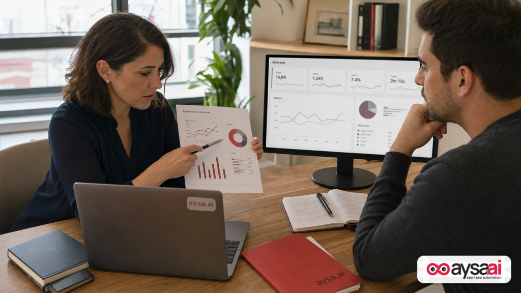 Small business team reviewing a traffic and leads report after a change in search behavior.