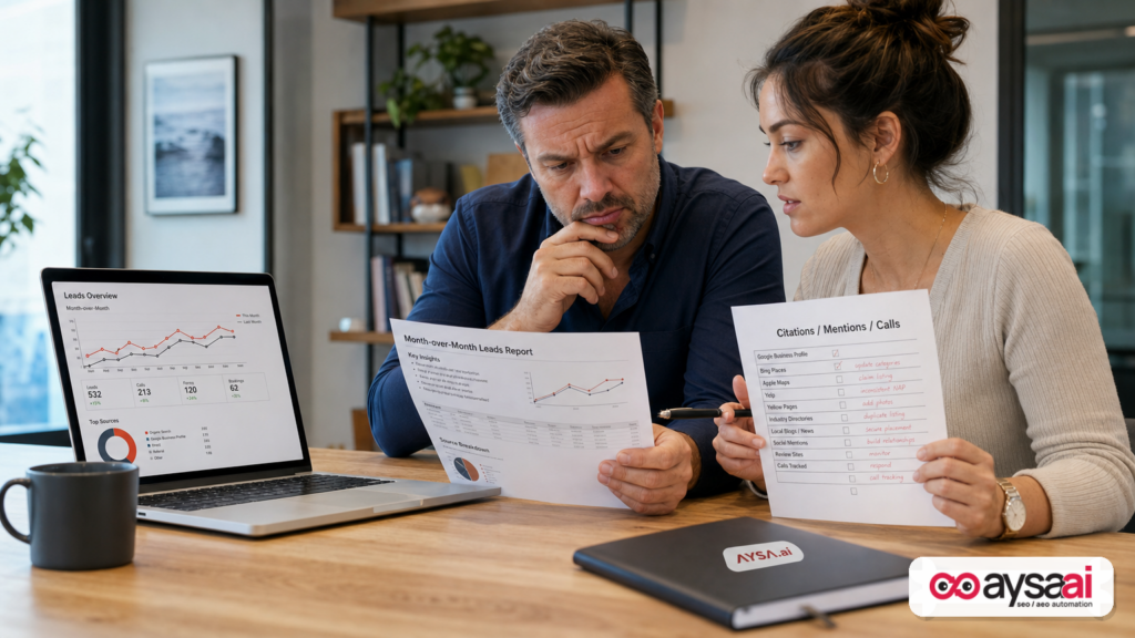 Small business team reviewing declining leads and discussing citations and mentions in AI answers.