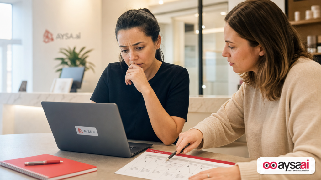 Small business team reviewing user journey issues that impact trust and conversions.