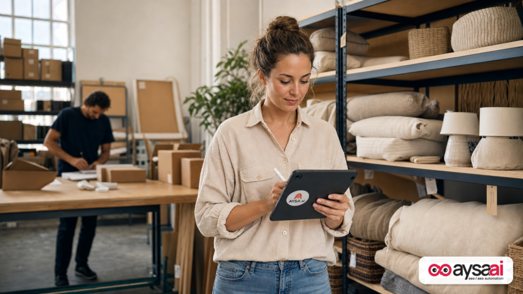 Small ecommerce owner in a warehouse checking product listings on a tablet.