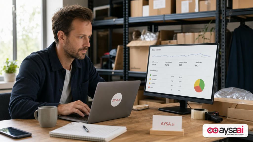 Small ecommerce owner reviewing inventory and crawl behavior on a laptop in a warehouse office.