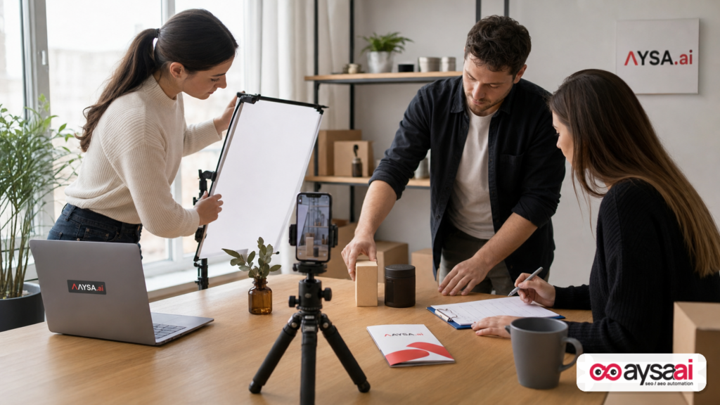 Small ecommerce team capturing product photos for a detailed how-to article.