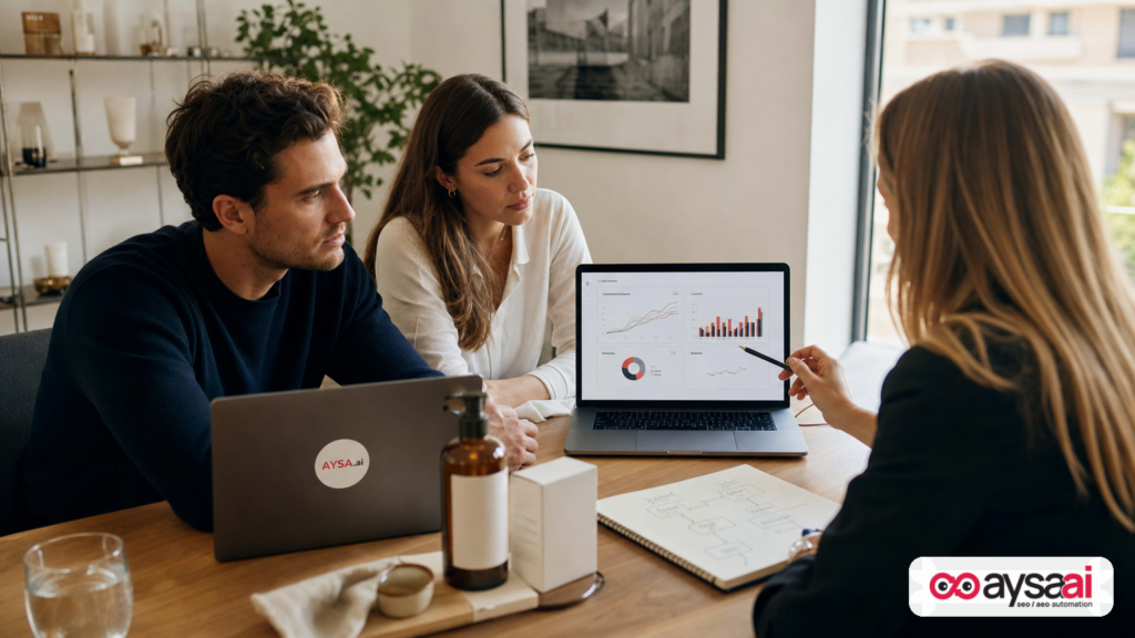 Small ecommerce team discussing an AI search participation decision framework.