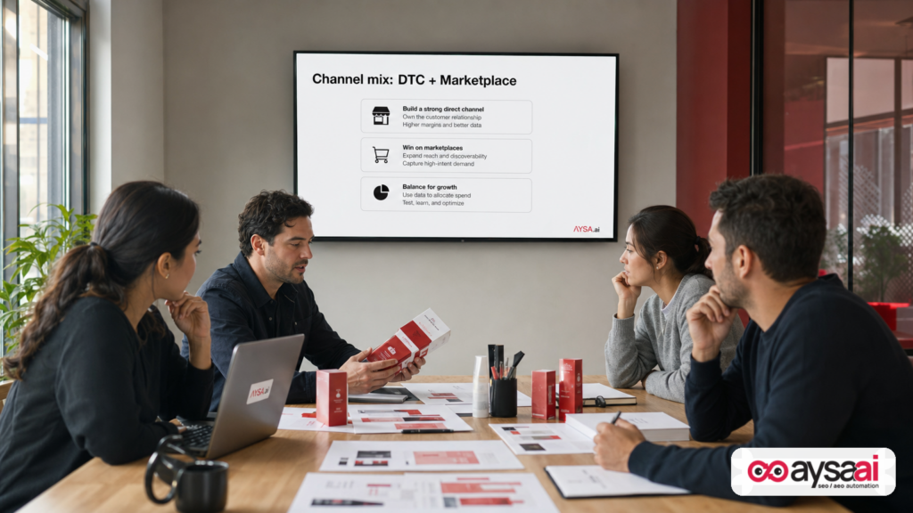 Small ecommerce team discussing channel mix and marketplace strategy in a meeting room.