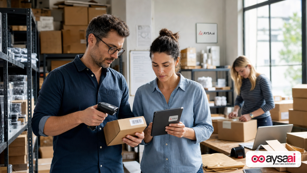 Small ecommerce team handling inventory while reviewing performance charts on a tablet.