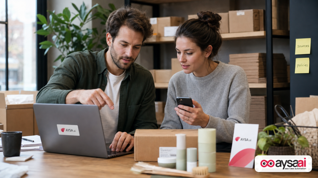 Small ecommerce team reviewing AI search summaries while checking product details.