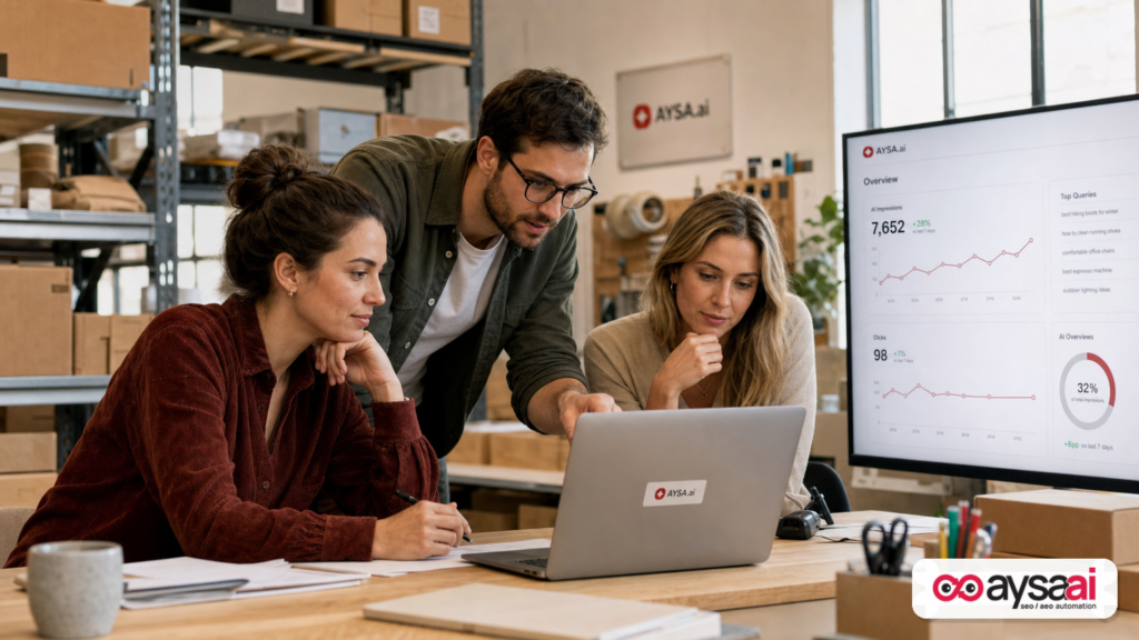 Small ecommerce team reviewing a dashboard showing AI impressions increasing while clicks remain flat