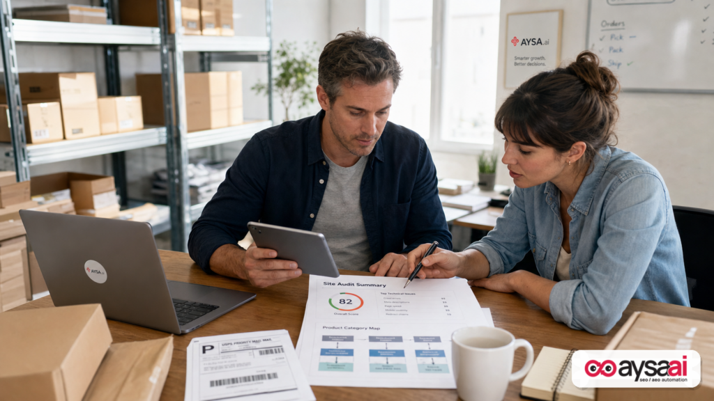 Small ecommerce team reviewing a site audit and category plan before implementing SEO changes.