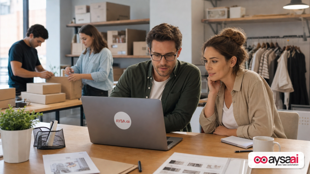 Small ecommerce team reviewing ads performance while fulfilling orders