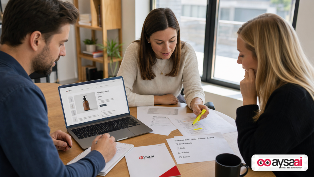 Small ecommerce team updating product information and a checklist for structured data and customer policies.