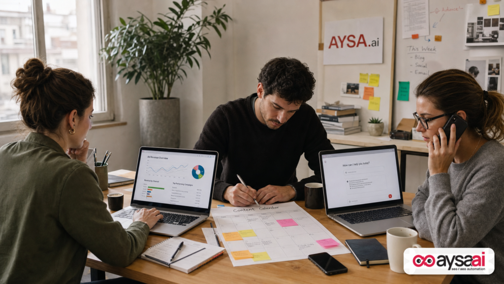 Small publisher team managing ad revenue and operations with AI assistance.