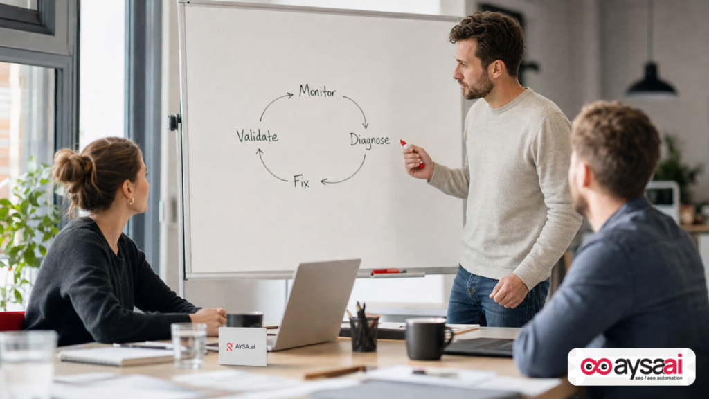 Small team reviewing a monitor-diagnose-fix-validate loop on a whiteboard.