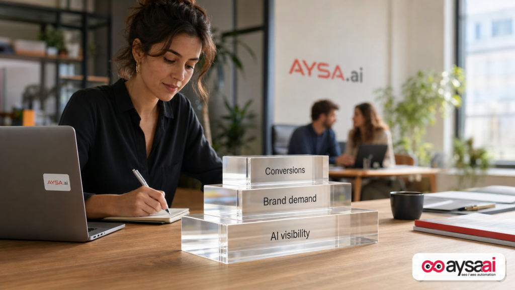 Stacked blocks representing layers of measurement: conversions, brand demand, and AI visibility.