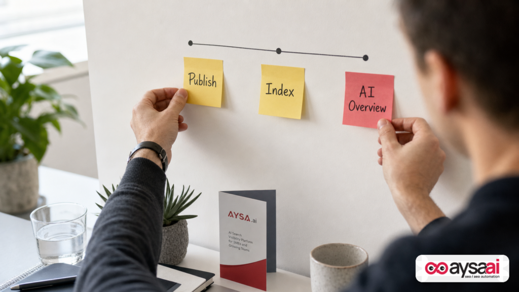 Sticky-note timeline showing publish, index, and AI overview stages to illustrate the shrinking click window.