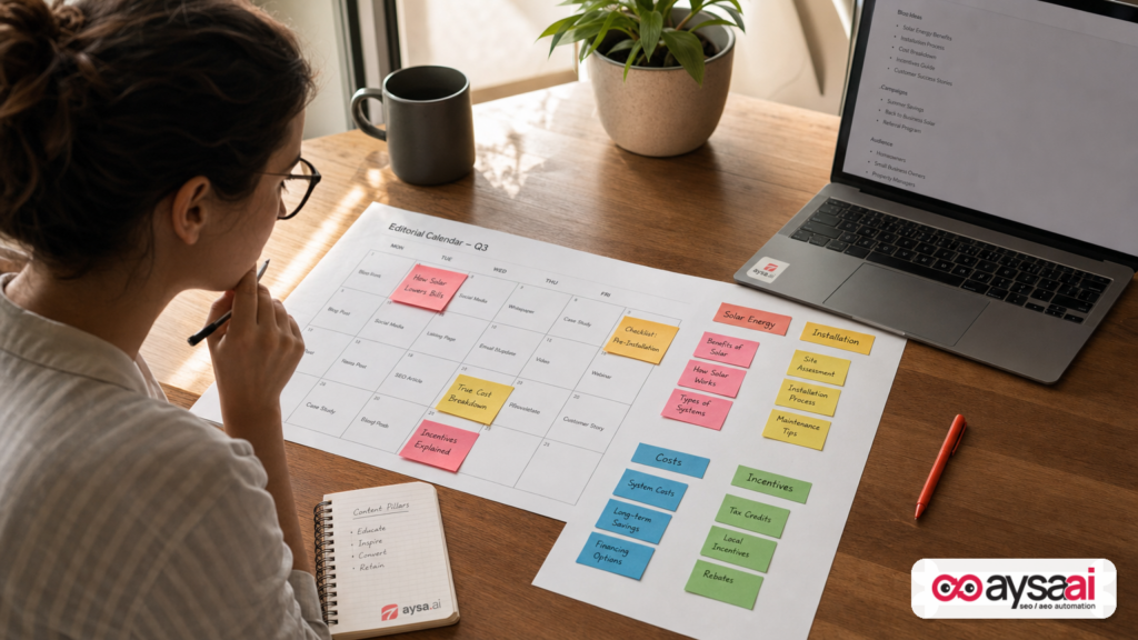 Sticky notes clustered by topic around an editorial calendar for AI-friendly content planning.