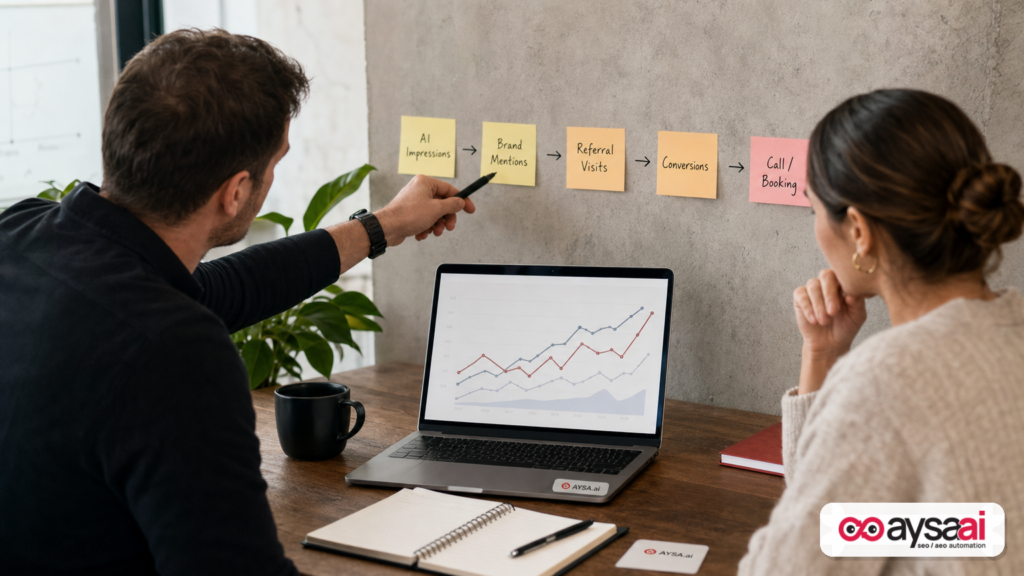 Sticky notes outline a measurement framework for AI impressions, mentions, visits, and conversions.
