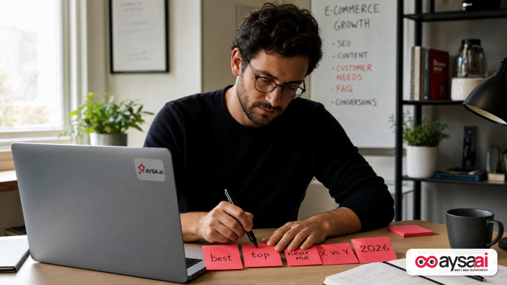 Sticky notes showing query patterns like best, top, near me, and X vs Y that often trigger AI web search.