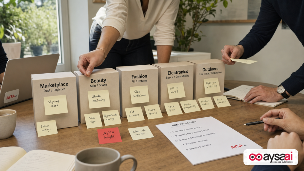Sticky notes showing uncertainty patterns for marketplaces, beauty, fashion, electronics, and outdoors.