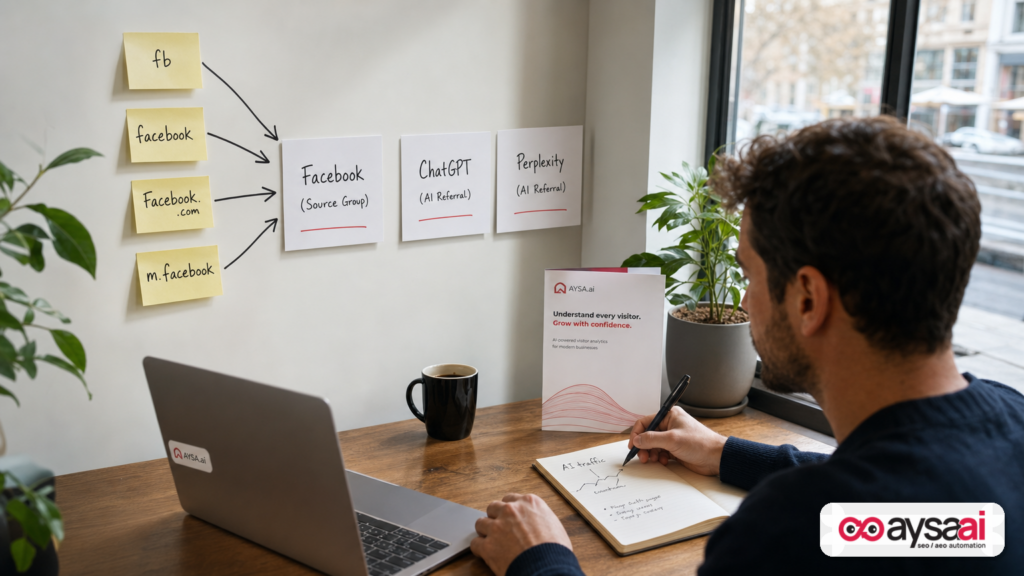 Sticky notes with messy traffic source labels converging into a single clean source group card.