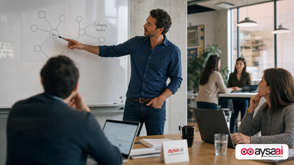 Strategist pointing to a whiteboard diagram of connected circles representing co-mention clusters and category leaders.