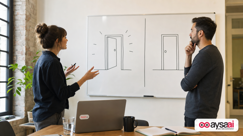 Team debating opt-out versus permission-first approaches to AI scraping.