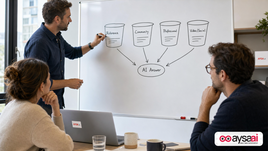 Team diagramming how AI engines select sources from different buckets depending on the question.