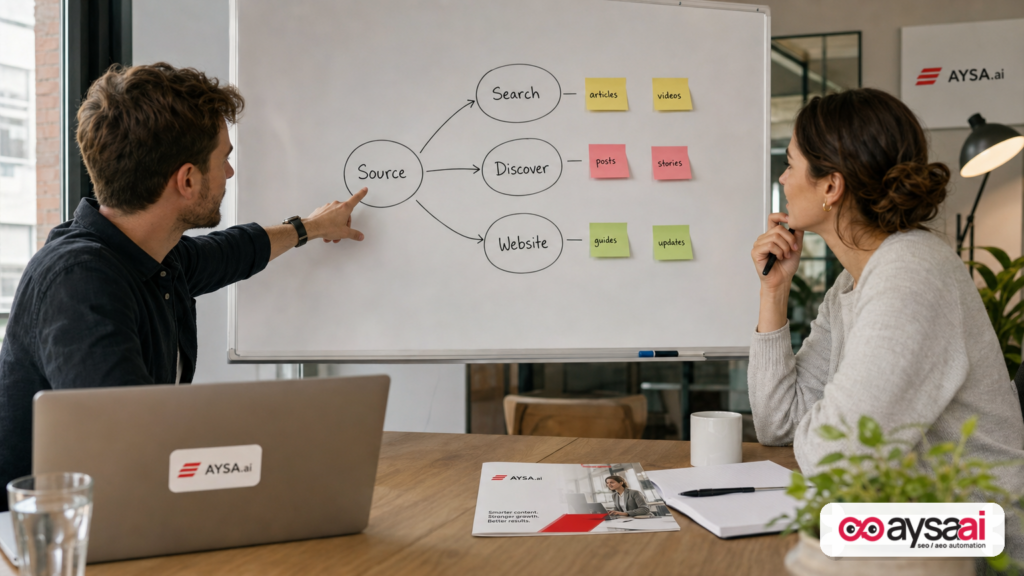Team discussing a whiteboard diagram showing a source feeding content into Search and discovery surfaces.