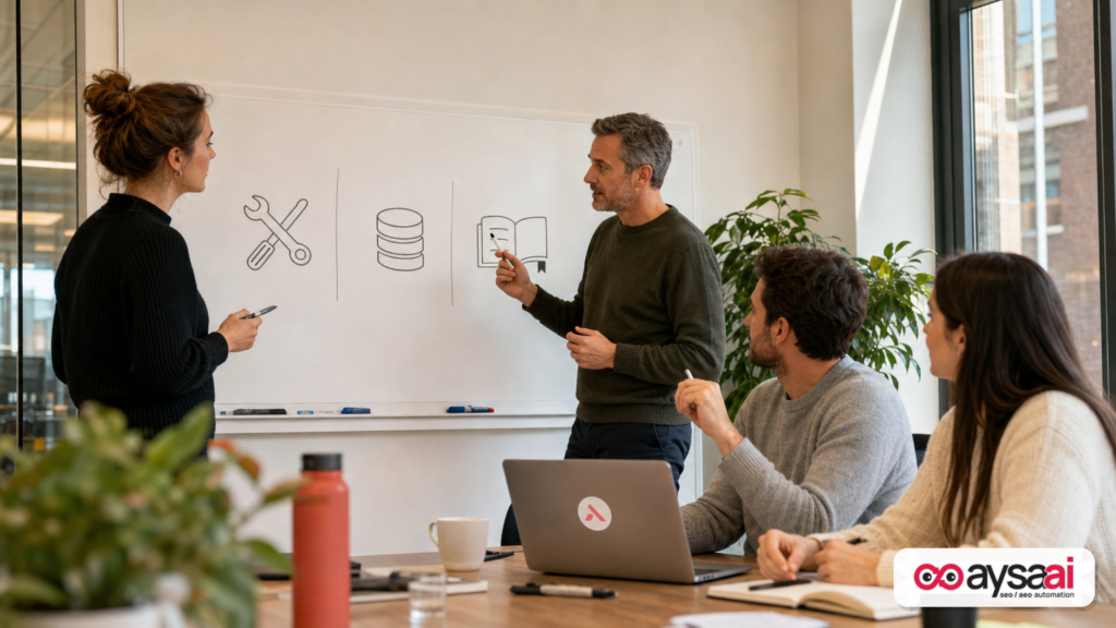Team discussing how to package business knowledge and tools for AI agents in a meeting room.
