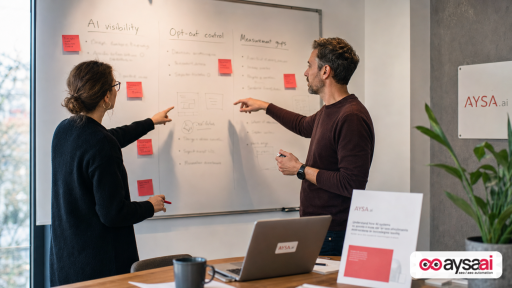 Team mapping AI search opt-out options against measurement gaps on a whiteboard.