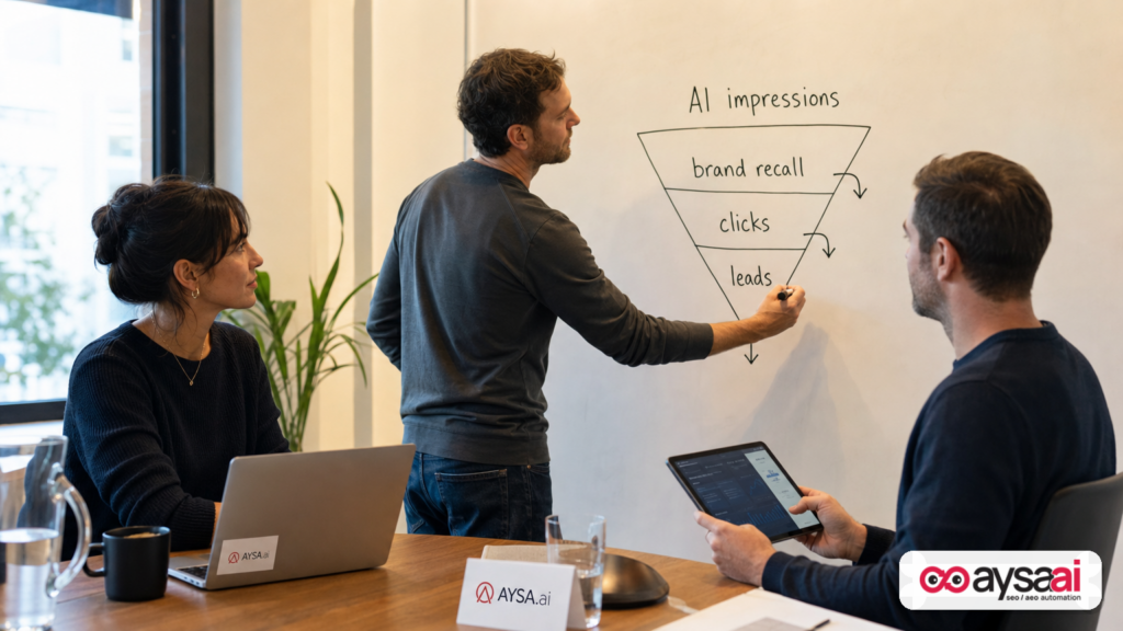 Team mapping a funnel from AI impressions to clicks and leads on a whiteboard.