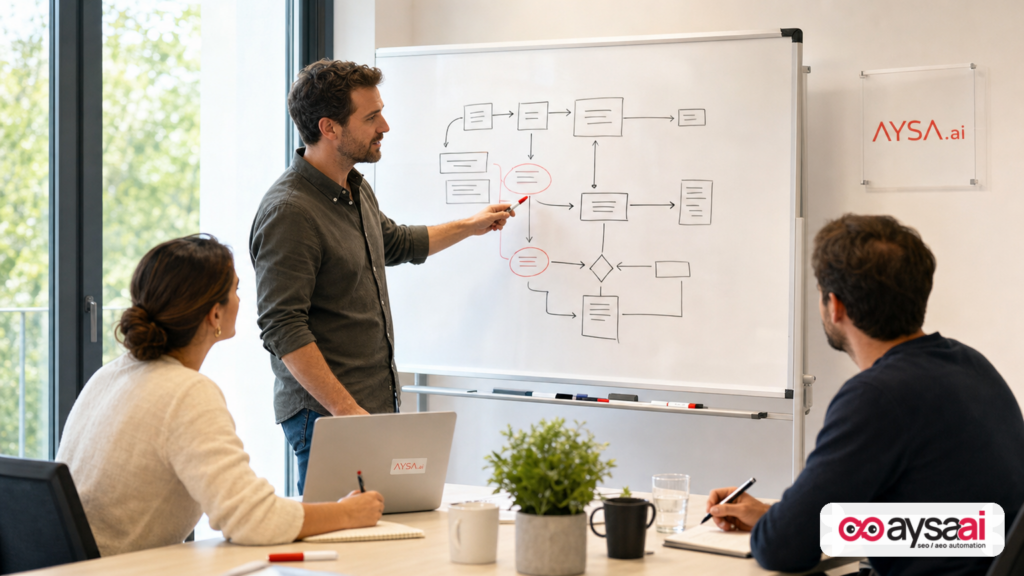Team mapping a multi-step AI search prompt flow on a whiteboard.