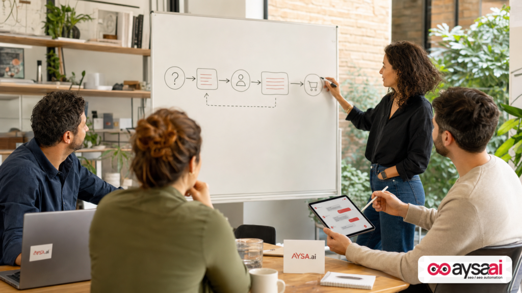 Team mapping an AI search-driven customer journey from question to action.
